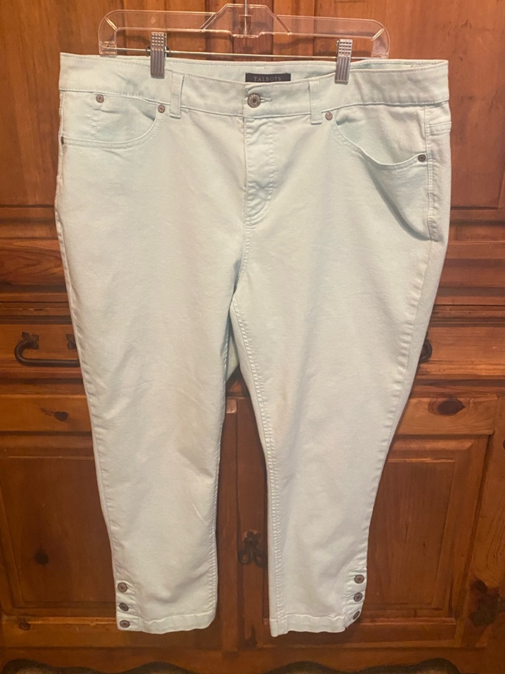Talbots Mint Aqua Simply Flattering Crop Jeans 16W Triple Button Hem coquette